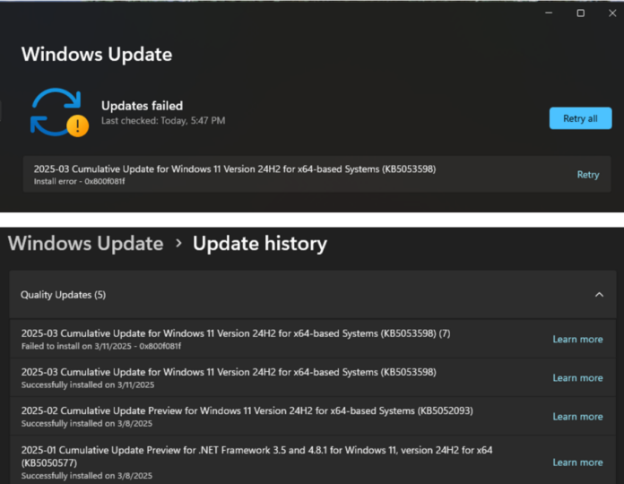 Windows 11 KB5053598 fails to install causes BSOD