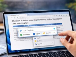 Microsoft Edge Copilot floating toolbar showing right-click AI features like summarize and explain