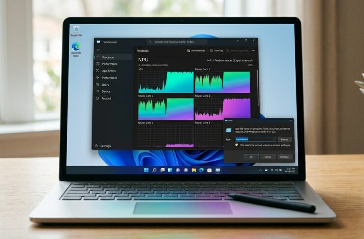 A Microsoft Surface laptop displaying the Windows 11 experimental interface, featuring the updated Task Manager with dedicated NPU performance graphs for AI monitoring and the newly refreshed, modern Run dialog box.